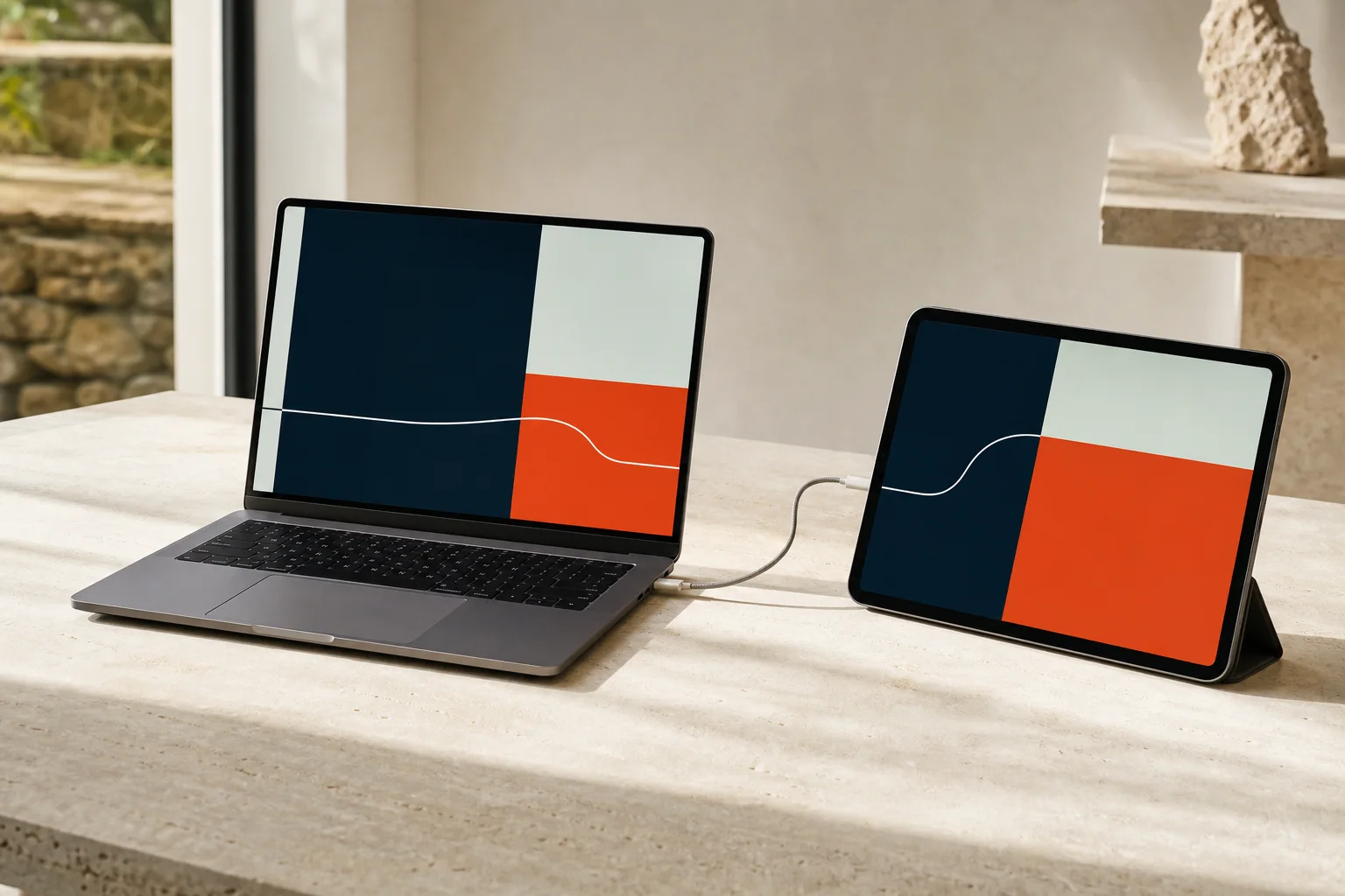 Ordinateur et tablette présentant un système d’interface abstrait et cohérent